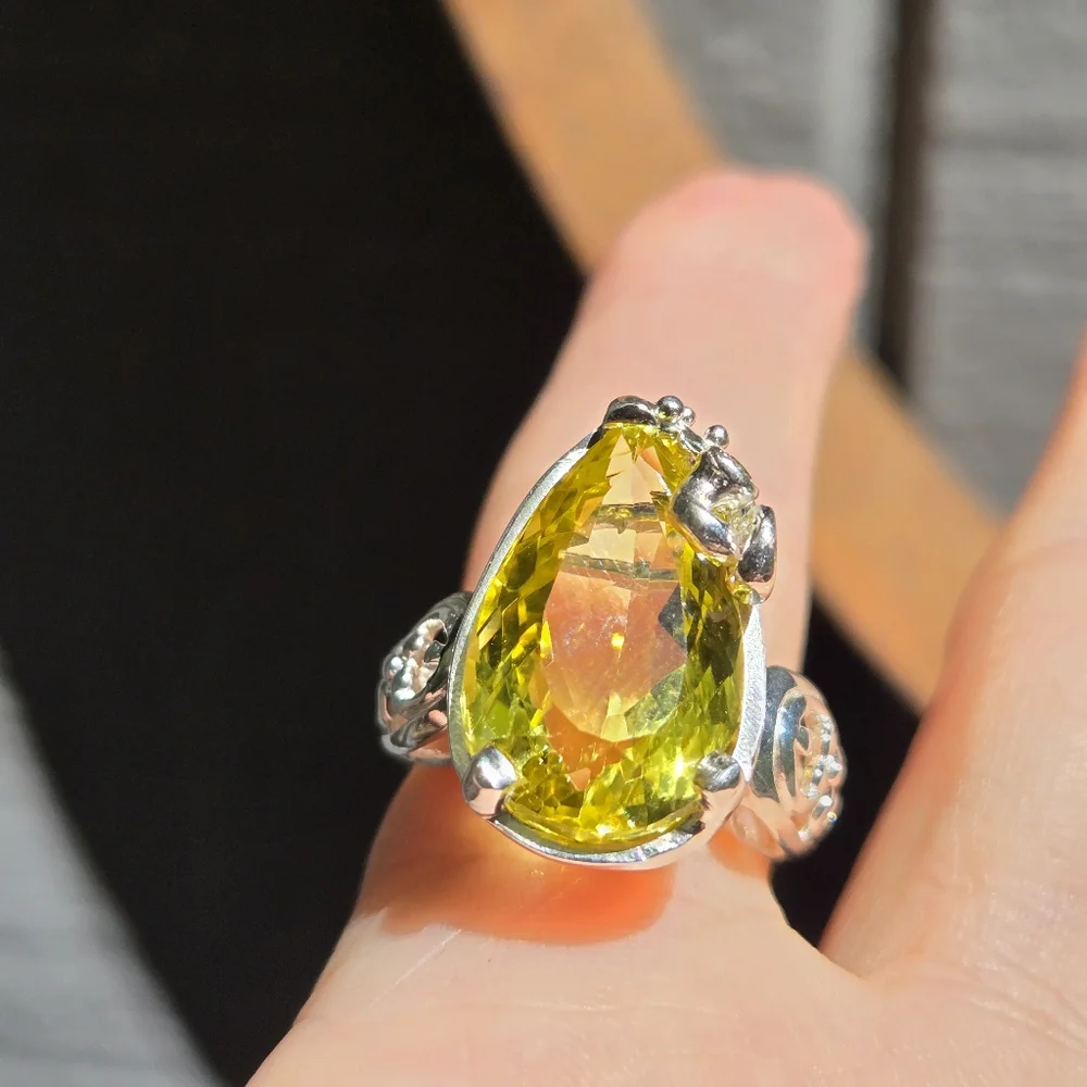 17k pear cut Lemon Quartz 🍋 & green 💚 sapphire sterling & white goldring sz8.5 - Picture 9 of 14